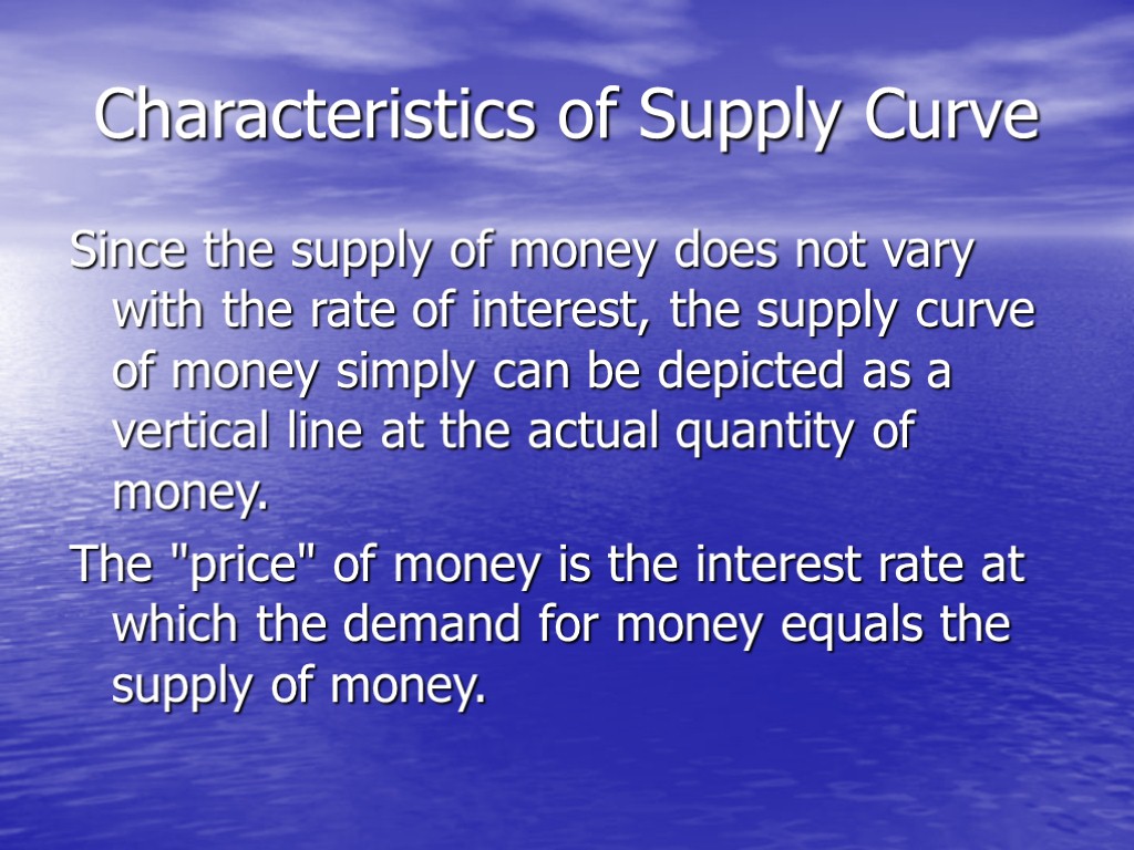 Characteristics of Supply Curve Since the supply of money does not vary with the